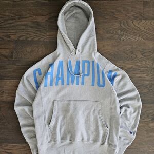 Champion Reverse Weave Grey Blue Arch Logo Hoodie Men's Size Small